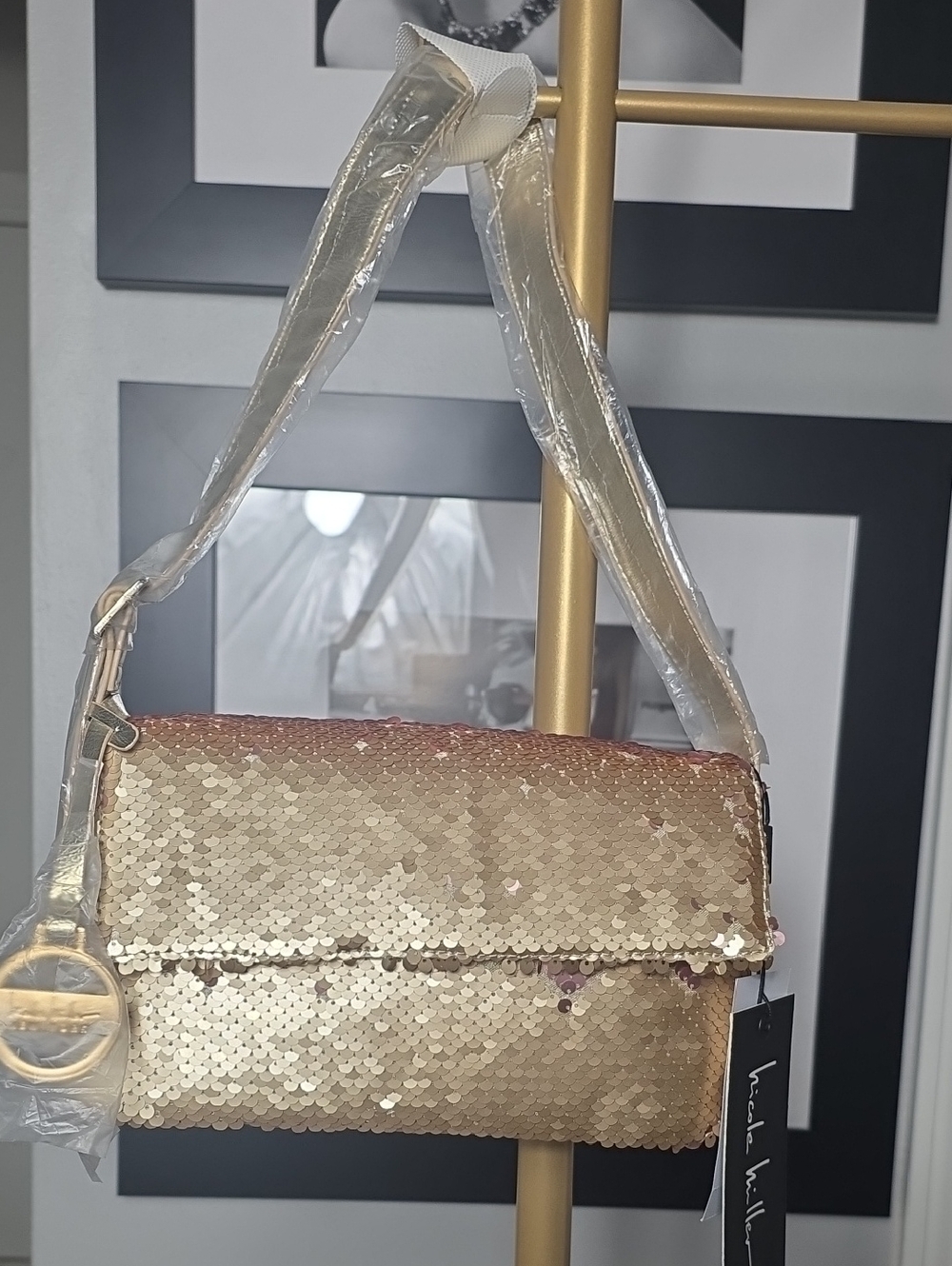 NWT. Nicole Miller Sequin Shoulder Bag in Gold